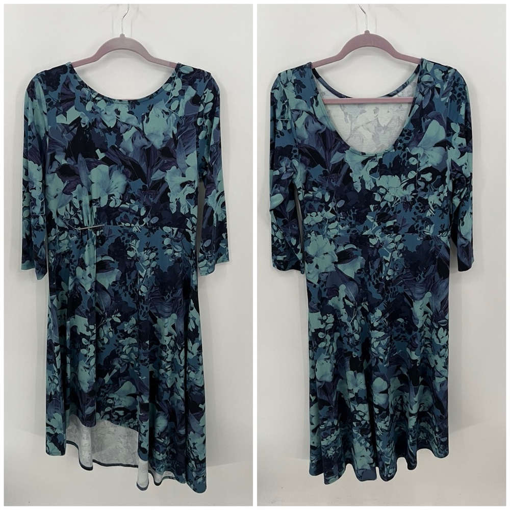 Soft Surroundings asymmetrical hem blue floral knit dress